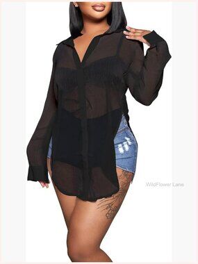 Sheer Button Up Blouse Long Sleeve Mesh See Through Shirt